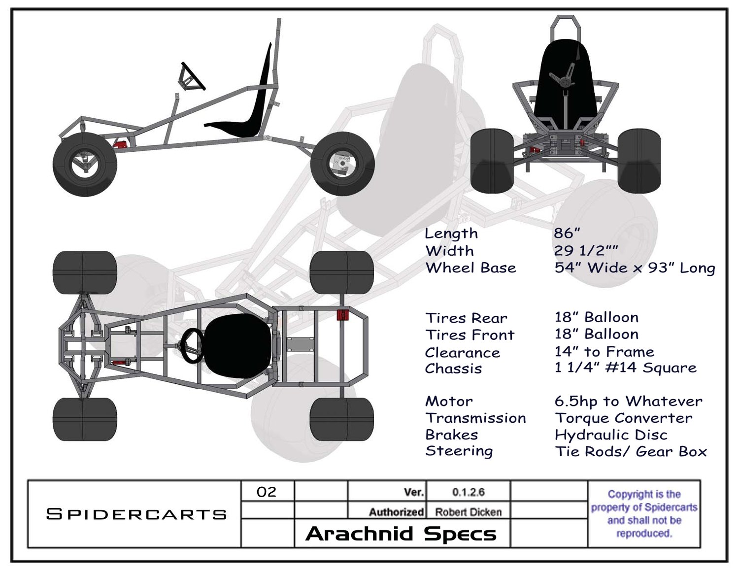 Full spec sheet: 86 in length, 54 x 93 in wheelbase, tires, brakes, engine and chassis tubing