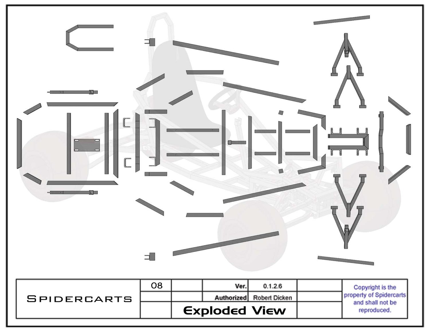 Exploded view of every cut piece in the kart, laid out in the position it gets welded