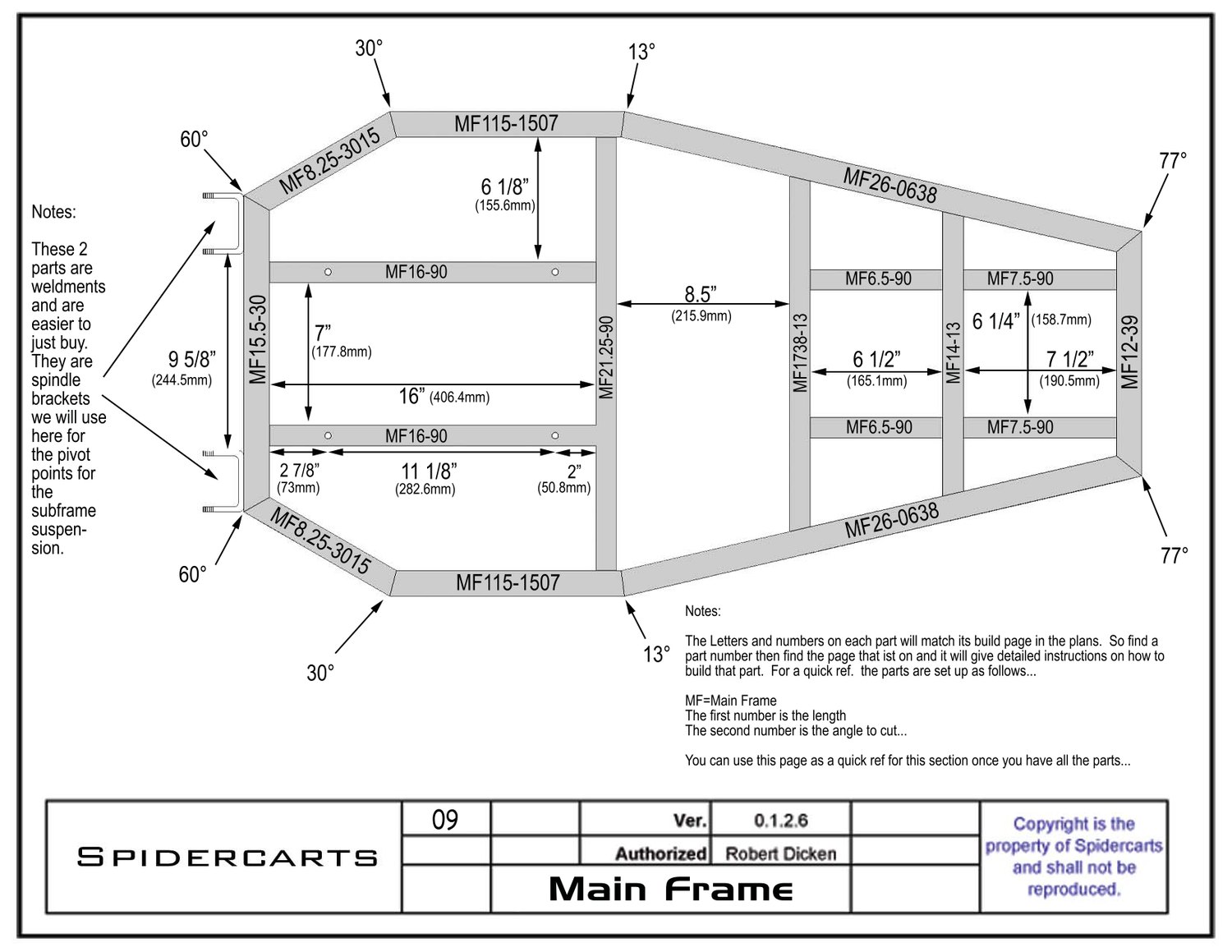 Main frame plan view with every member tagged by part number, length and cut angle