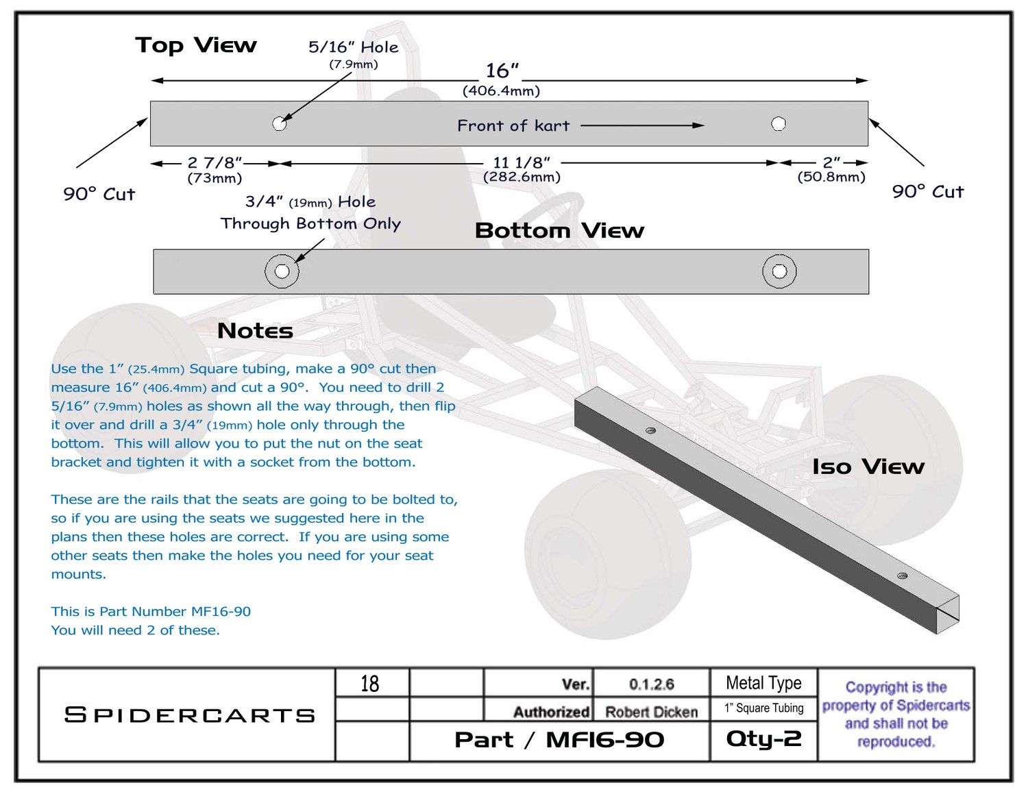 Part MF16-90: top and bottom views with 16 in length, hole positions and 90 degree cuts