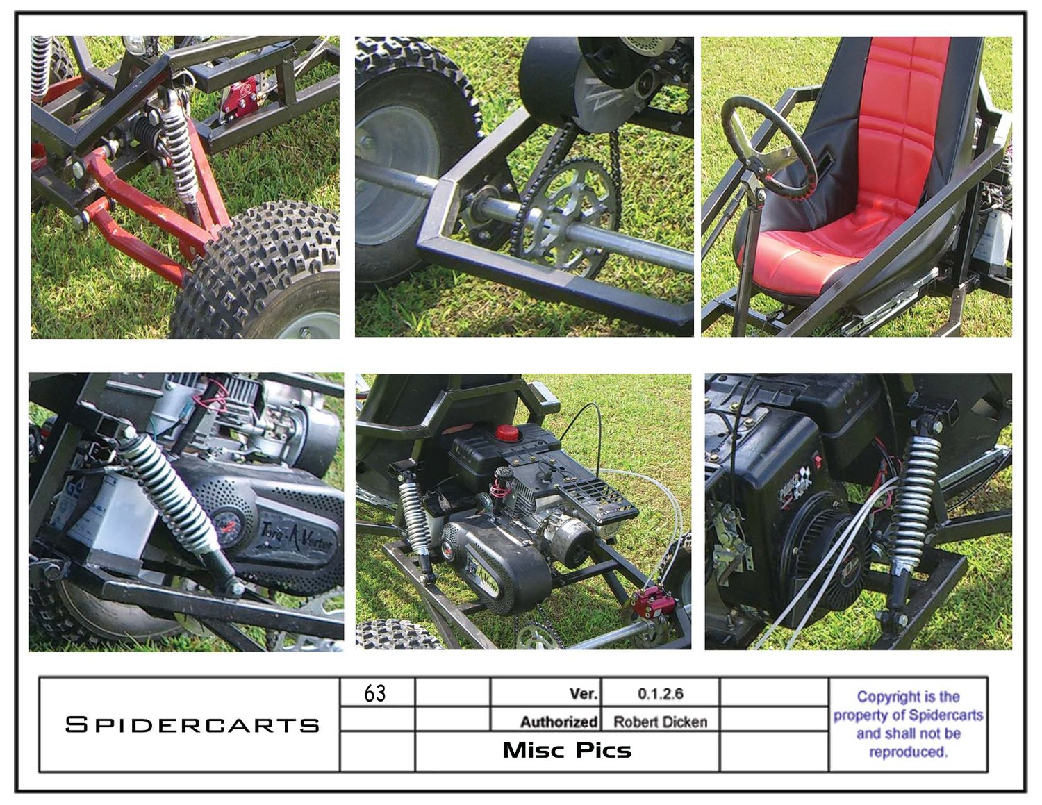 Colour photos of the finished build: A-arms, shocks, chain drive, seat, engine and brakes