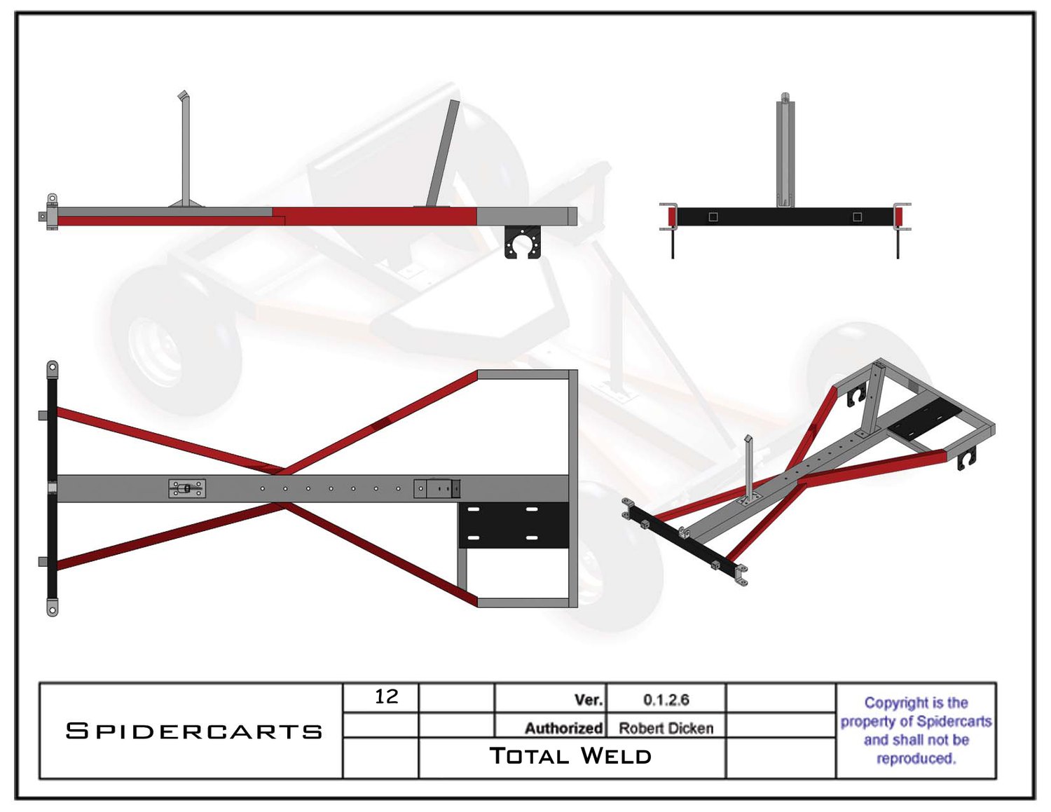 Total weld drawing - the finished welded chassis in side, front, top and iso views