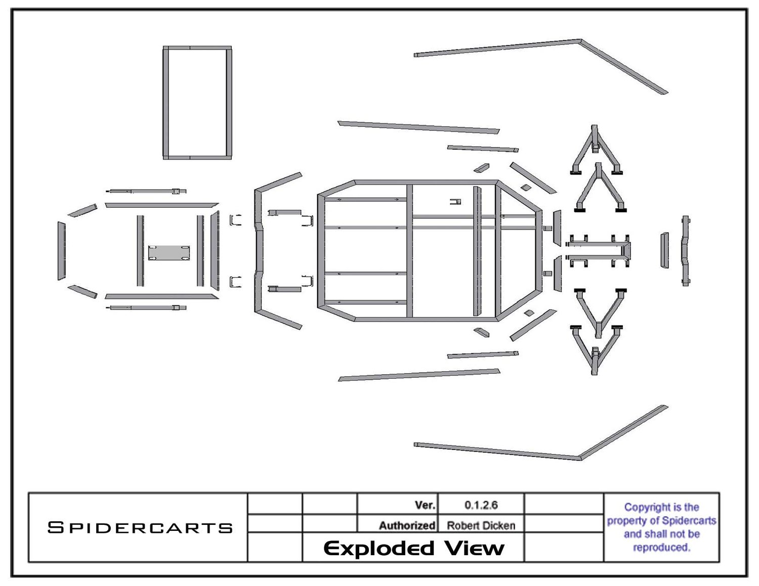Exploded view showing every frame member laid out in the position it welds into